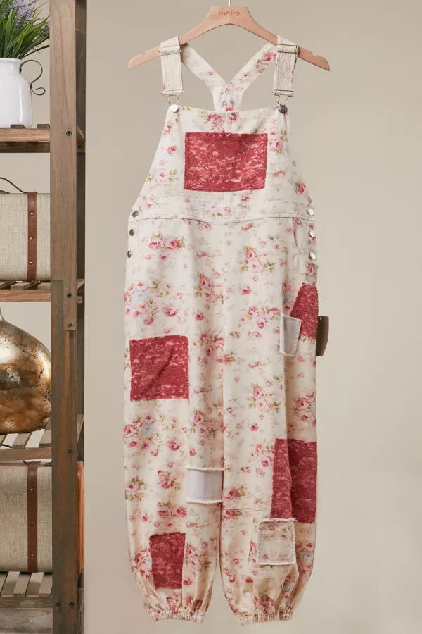 wholesale clothing floral patchwork wide leg overalls mello