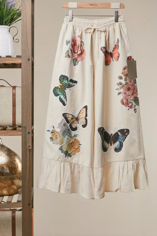 wholesale clothing butterfly floral ruffle wide leg pants mello