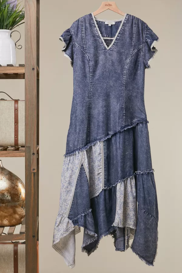 wholesale clothing asymmetric patchwork denim midi dress mello