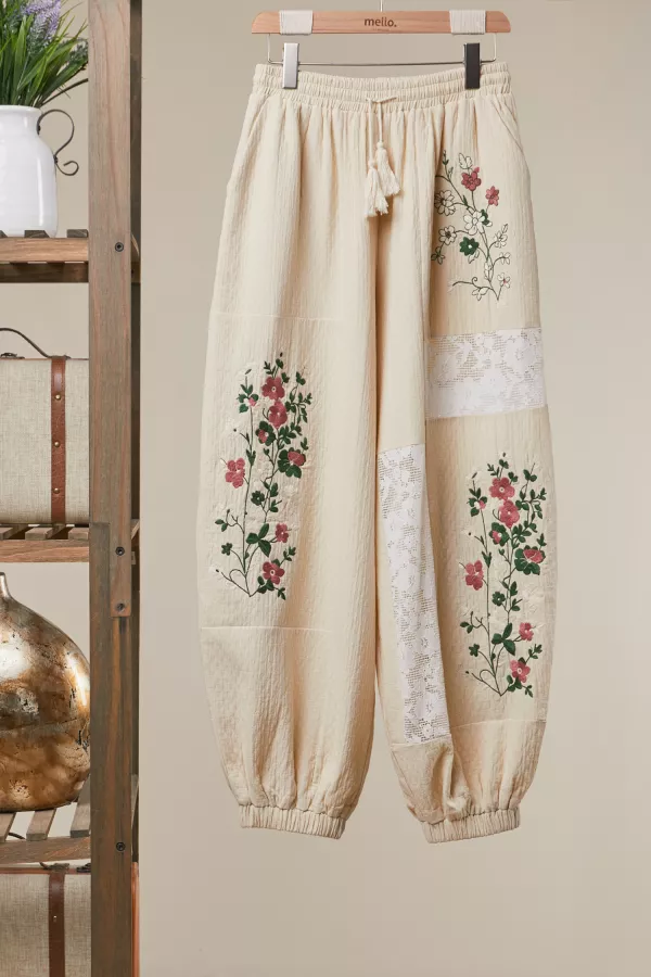 wholesale clothing floral embroidered patchwork jogger pants mello