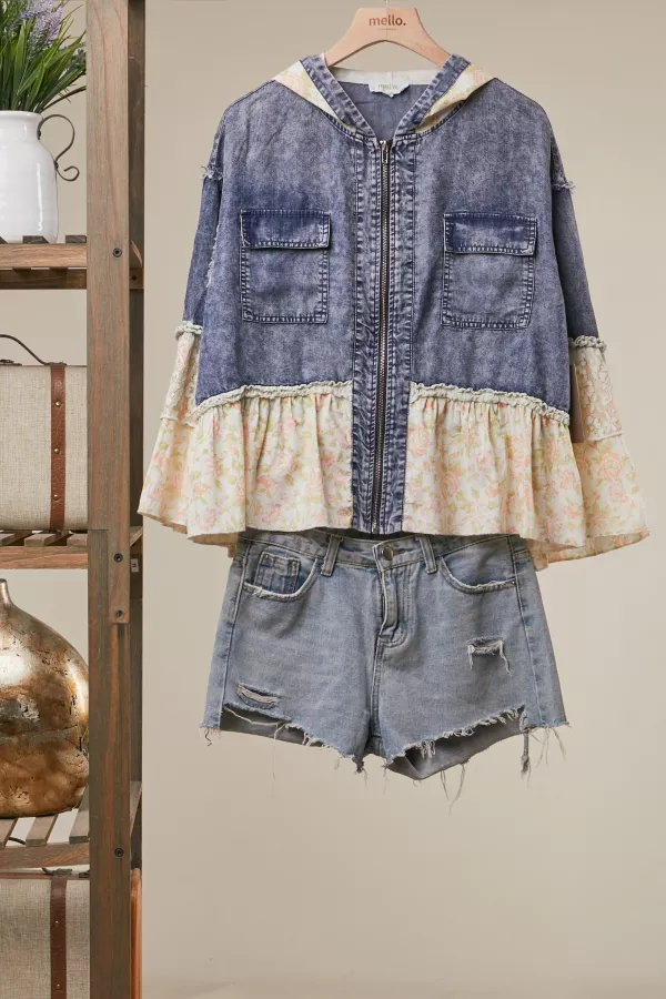 wholesale clothing denim floral patchwork hooded jacket mello