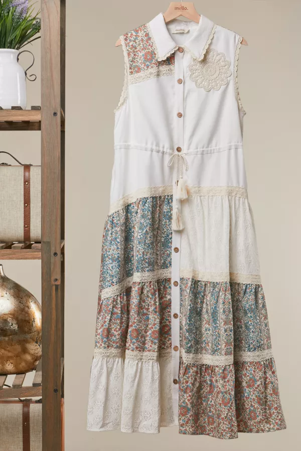 wholesale clothing boho floral patchwork tiered maxi dress mello