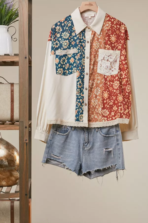 wholesale clothing floral patchwork button up shirt mello