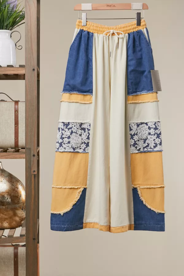 wholesale clothing color block patchwork wide leg pants mello