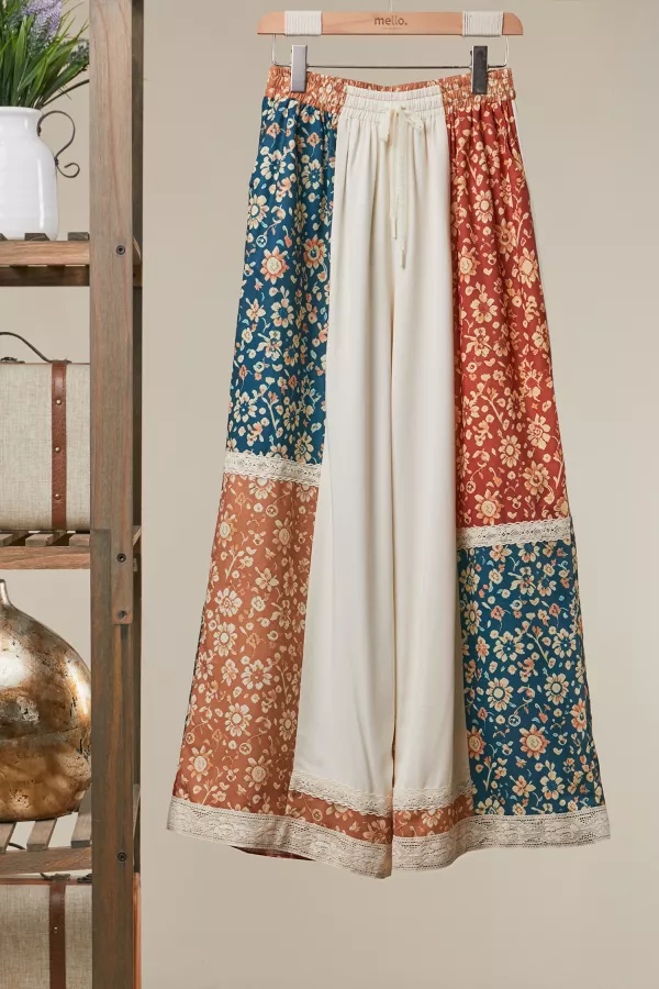 wholesale clothing boho floral patchwork wide leg pants mello