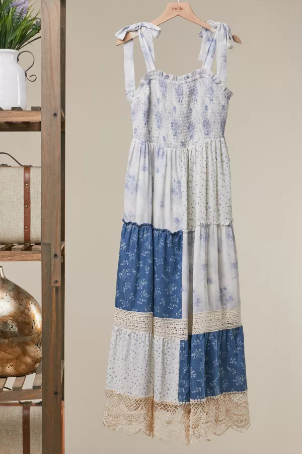wholesale clothing boho patchwork smocked maxi dress mello