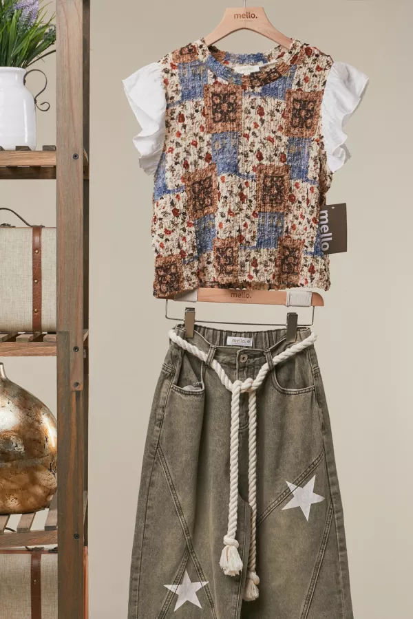 wholesale clothing mixed floral patchwork ruffle top mello