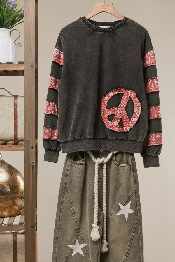wholesale clothing peace graphic striped washed sleeve sweatshirts mello